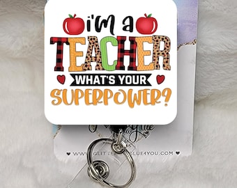 Teacher superpower Badge Reel, Interchangeable Sublimated ID Holder, Pencil Rainbow Design