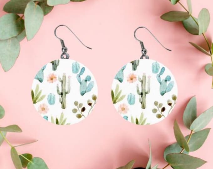 Floral Cactus Sublimation Round Dangle Earrings