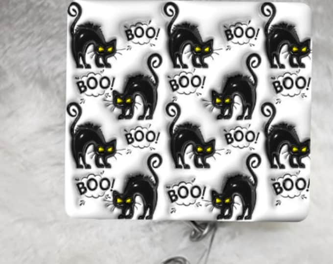 Black Cat Halloween Badge Reel, Retractable Interchangeable Custom Badge, ID Badge