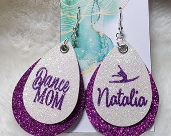 Personalized Dance Mom Faux Leather Earrings, Glitter Dance Team Gift