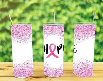 Breast Cancer, Pink Ribbon, Hope, Pink Glitter, October, Sublimation Printed Skinny 20 oz Tumbler