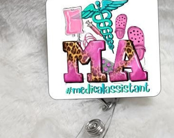 Pink MA Medical Assistant, Badge Reel, Retractable Interchangeable Custom Badge, Doctors Office, Hospital, Scrub top, Medical, ID