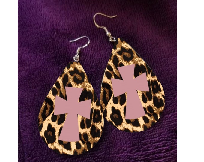 Cross and Leopard Print Sublimation Tear Drop Dangle Earrings, Religious Earrings, Trendy Earrings, Cute