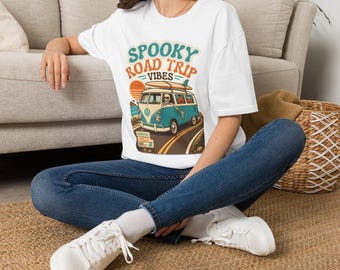 Spooky Road Trip Vibes T-Shirt | Halloween Van Surfboard Retro