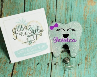 Personalized Tooth Badge Reel, Retractable Dental ID Holder