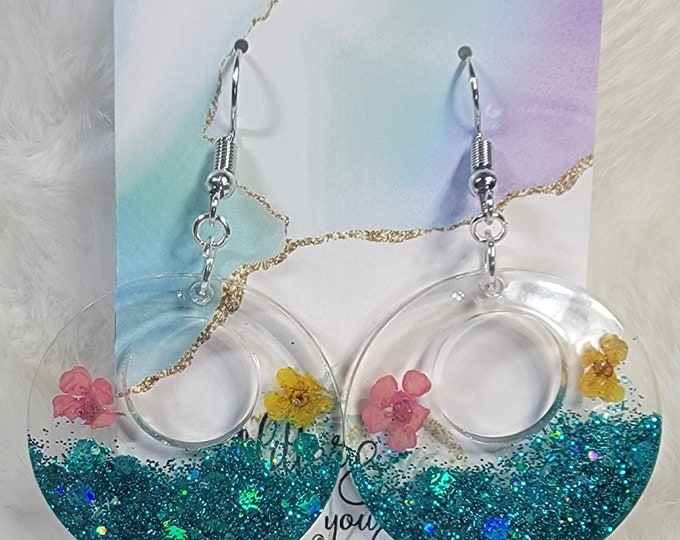 Round Teal Glitter and Flower Resin Earrings