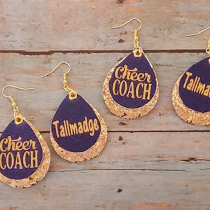 Cheer Coach Personalized Leather Earrings, Custom Cheerleader Leather Earrings, Cheer Season Gifts, Dance, Drill Team, Band, Sports Coach