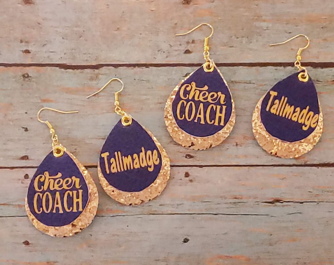 Cheer Coach Personalized Leather Earrings, Custom Cheerleader Leather Earrings, Cheer Season Gifts, Dance, Drill Team, Band, Sports Coach