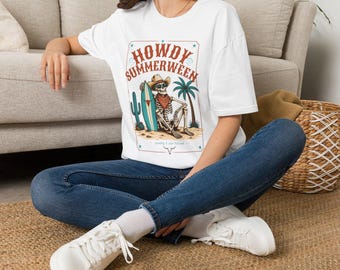 Howdy Summerween T-Shirt | Skeleton Cowboy Desert Surf Palm Cactus Tee