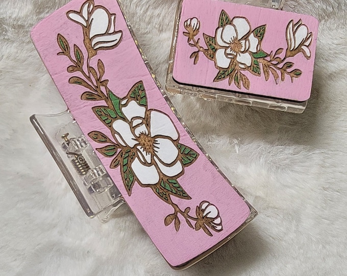 Magnolia Flower Handpainted Wood Hair Clip, Laser Engraved, Etched, Hand Painted, Claw Clip