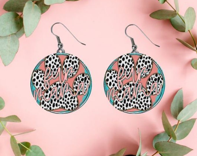 Fur Mama, Paw Print, Pink,  Sublimation Round Dangle Earrings