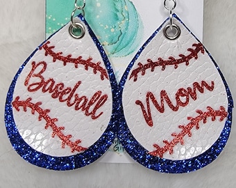 Baseball Mom Faux Leather Glitter Earrings, Team Sports