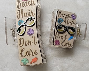 Beach Hair Don't Care 3D Handpainted Wood Hair Clip, Laser Engraved, Etched, Hand Painted, Claw Clip