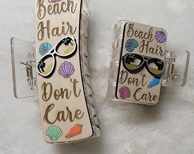 Beach Hair Don't Care 3D Handpainted Wood Hair Clip, Laser Engraved, Etched, Hand Painted, Claw Clip