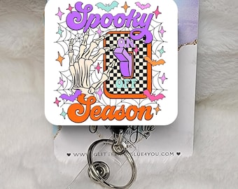 Halloween Retro Spooky Season On Badge Reel, Retractable Interchangeable Custom Badge, ID Badge
