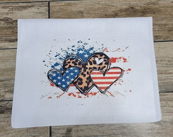 Red, White, and Blue Hearts, Leopard Print, Waffle Weave Dish Towel