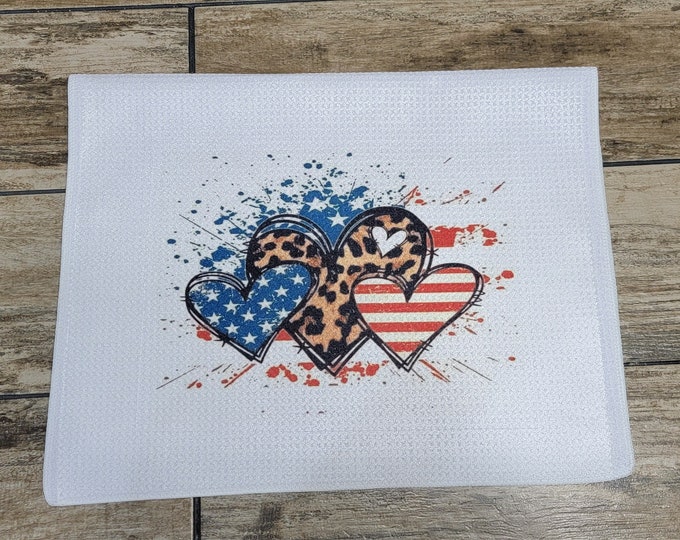 Red, White, and Blue Hearts, Leopard Print, Waffle Weave Dish Towel