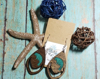 Handmade Manatee Wood Dangle Earrings, Glitter Resin Ocean Wave