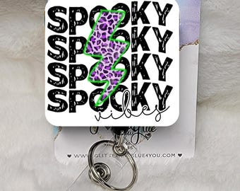 Halloween Retro Spooky Vibes Badge Reel, Retractable Interchangeable Custom Badge, ID Badge