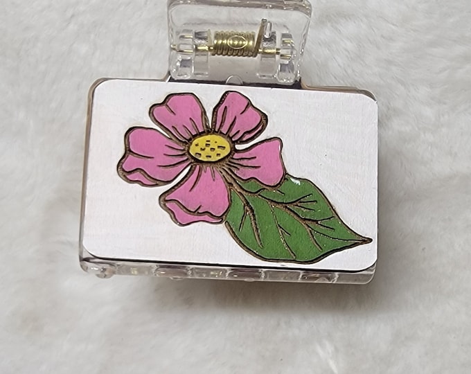 Flower Handpainted Wood Hair Clip, Laser Engraved, Etched, Hand Painted, Claw Clip