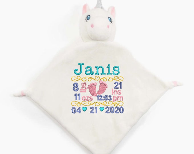 Personalized Embroidered Cubby Blankie White Unicorn, Keepsake Security Blanket, Baby Gift, birth announcement, birth stats, Snuggie