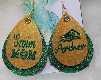 Swim Mom Personalized Leather Earrings, Custom swim team Leather Earrings, Swim Season Gifts, Sports Mom