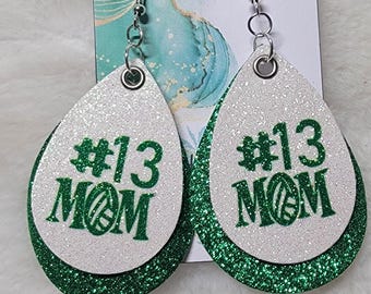 Personalized Volleyball Mom Glitter Faux Leather Earrings, Team Colors