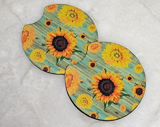 Sunflowers on teal Wood Grain Neoprene Car Coasters