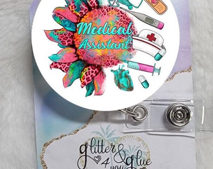 Round Sunflower MA Medical Assistant, Badge Reel, Retractable Interchangeable Custom Badge, Doctors Office, Hospital, Scrub top, Medical, ID