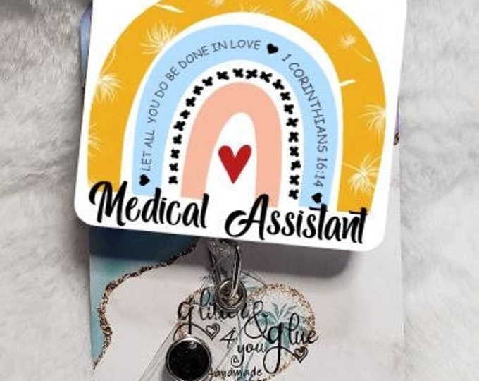Boho Rainbow Medical Assistant, Badge Reel, Retractable Interchangeable Custom Badge, Doctors Office, Hospital, Scrub top, Medical, ID