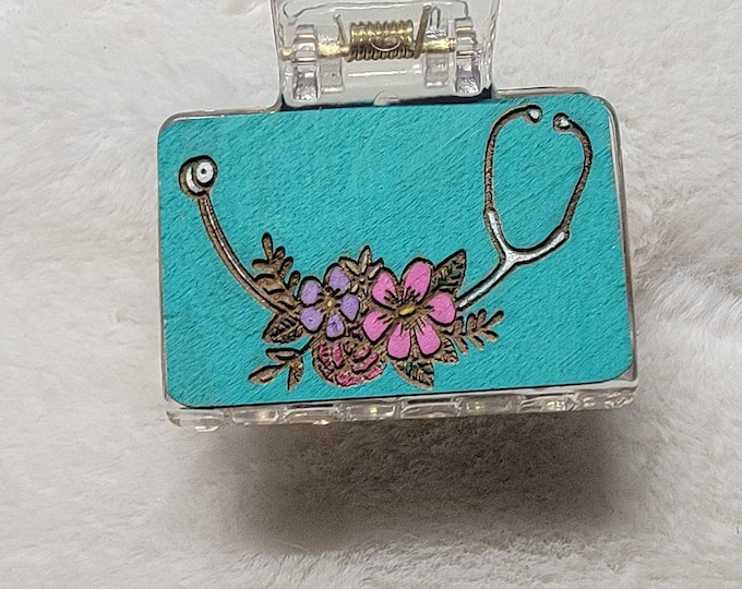Nurse Stethoscope with Flowers Handpainted Wood Hair Clip, Laser Engraved, Etched, Hand Painted, Claw Clip