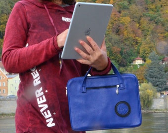 Blue Leather iPad Bag: Handmade Tablet Case