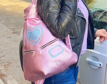 PINK BACKPACK, LEATHER Metallic Backpack, Leather Rucksack In Shiny Leather. Cute Waterproof Daypack In Cute Design
