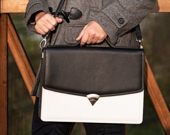 LEATHER BRIEFCASE, CUTE Handbag, Black And White Italian Soft Leather Bag - Perfect For Both Professional And Casual Use