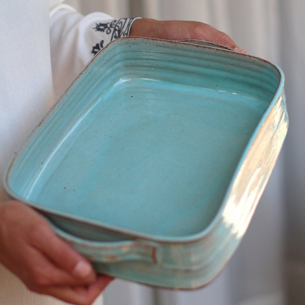 Large Strong Ceramic Baking Dish, Turquoise Baking Pan, Ceramic Lasagna Dish, Wedding Gift Ideas, Stoneware Casserole Dish