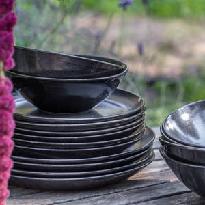 Pottery Dinnerware Set, Stoneware Dinnerware Set, Black Dinnerware Set For 8, Wedding gift image 1