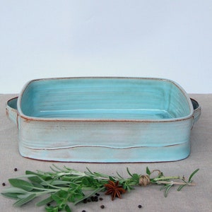 A handmade turquoise rectangle baking dish