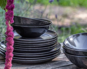 Pottery Dinnerware Set, Stoneware Dinnerware Set, Black Dinnerware Set For 8, Wedding gift