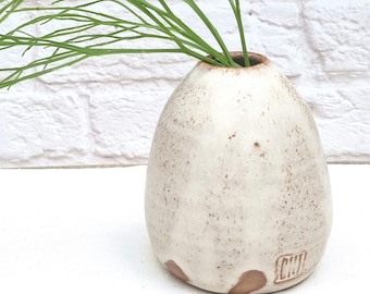 Small Rustic Bud Vase - White Matte Speckled Ceramic Vase - Minimalist Farmhouse Decor - Handmade Flower Vase