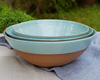 Large Ceramic Serving Bowls, Handmade Turquoise Large Stoneware Bowls