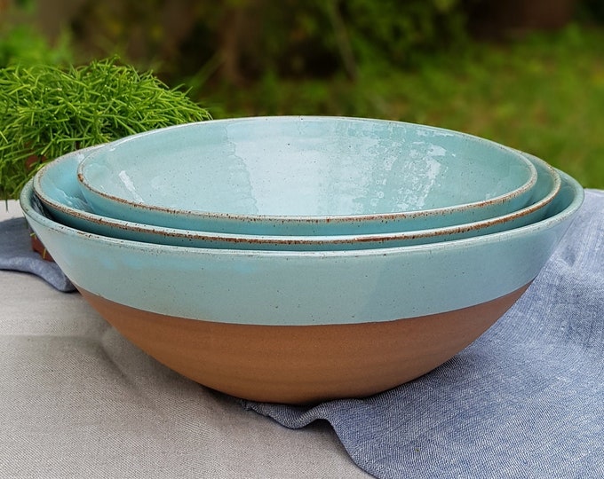 Large Ceramic Serving Bowls, Handmade Turquoise Large Stoneware Bowls