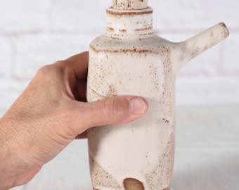 Speckled White Stoneware Olive Oil Cruet, Square Pottery Bottle