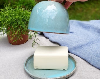 Turquoise Ceramic Butter Keeper, Ceramic Butter Dish, Butter Crock