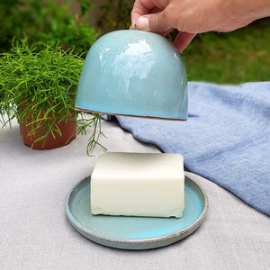 Turquoise Ceramic Butter Keeper, Ceramic Butter Dish, Butter Crock