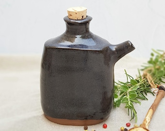 8 oz Black Olive Oil Bottle, Stoneware Olive Oil Cruet, Olive Oil Dispenser, Ceramic Flask, Soy Sauce Bottle