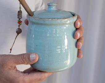 Salt Cellar With Lid, Ceramic Honey Jar, Pottery Sugar Jar