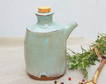8 oz Stoneware Olive Oil Cruet, Turquoise Olive Oil Bottle, Olive Oil Dispenser, Ceramic Flask, Soy Sauce Bottle