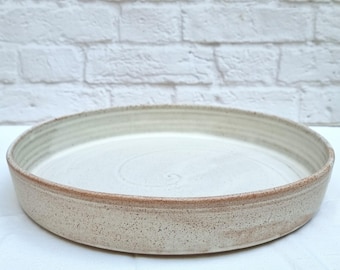 Speckled Icy White - Oven to Table Pottery, Rustic Stoneware Shallow Round Baking Dish