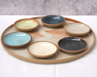 Passover Seder Plate with 6 dishes, Pottery Seder Plate, Colorful Pesach Plate, Hostess Gift