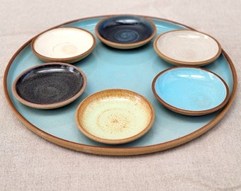 Ceramic Seder Plate with 6 dishes and a free gift, Pottery Passover Plate, Colorful Pesach Plate, Judaica Gift